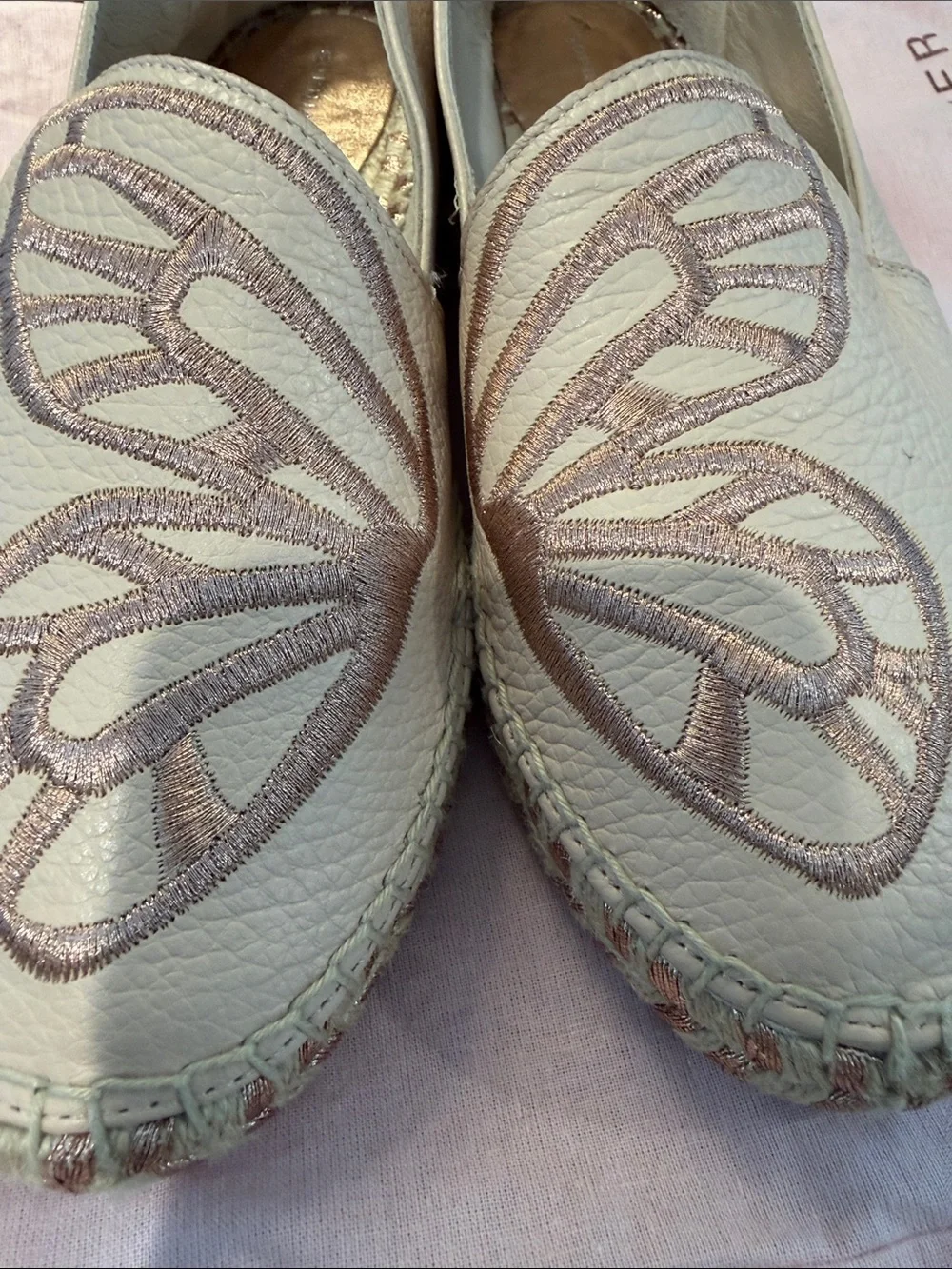 Sophia Webster Cream Espadrille Flats with Metallic Pink Butterfly